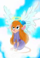 1girls angel_wings clouds gadget halo kneeling rous sit sky wings // 2365x3377 // 1.5MB