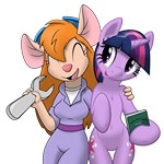 2girls book closed_eye crossover cutie_mark flutterguy317 fun gadget my_little_pony tg-0 twilight_sparkle wrench // 6222x6222 // 4.6MB