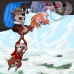 1girls 2boys bas chip closed_eye dale gadget head_over_heels in_air open_mouth ranger_wing rescue upside_down // 800x800 // 143.0KB