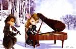 1boys 1girls chair chip closed_eye costume dress flower gadget piano playing rye snow violin winter // 709x462 // 88.2KB