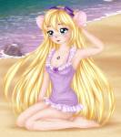 1girls alternative_hairstyle beach gadget kneeling lany long_hair pendant rr_sign sand sea sit swimsuit // 887x1000 // 207.5KB