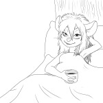 1girls bed blanket coffee cup gadget lineart martin_hamsy pillow // 1200x1200 // 264.0KB