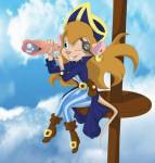 1girls bag closed_eye clouds cosplay earring eye_patch gadget pirate_dress pirate_hat ring rous sit spyglass // 578x604 // 81.2KB