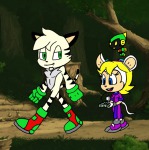 3girls alternative_hairstyle boots electronic fang flying forest frostthehobidon gloves green_eyes invention original overall shoes // 636x638 // 586.3KB