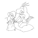 2girls crossover dress earring gadget gloves goldie_pheasant kneeling lineart martin_hamsy pillow rock-a-doodle shoes sit // 1200x1200 // 177.7KB